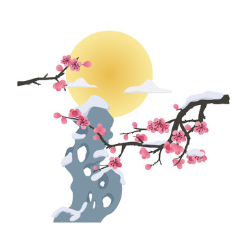 清新矢量梅花假山中国风元素