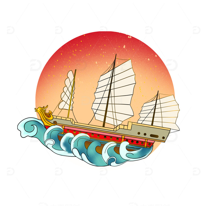 手绘扁平风一帆风顺帆船海浪红日