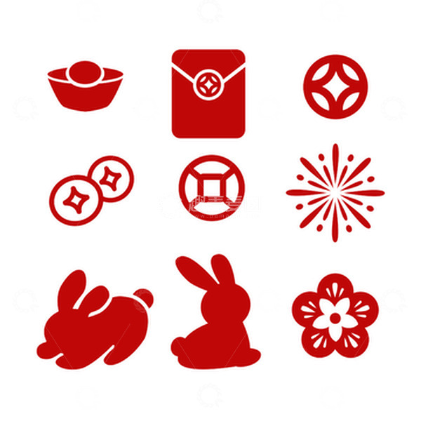 源文件下载【趣麦麦图】红色春节剪纸风格兔年元素图