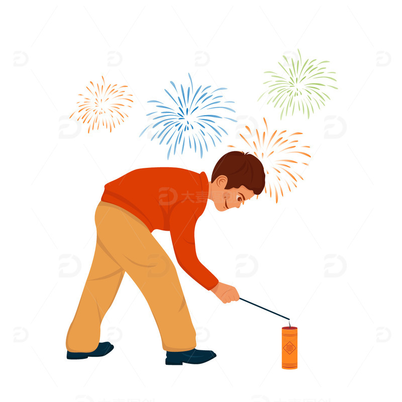 简约矢量小孩鞭炮烟花手绘素材