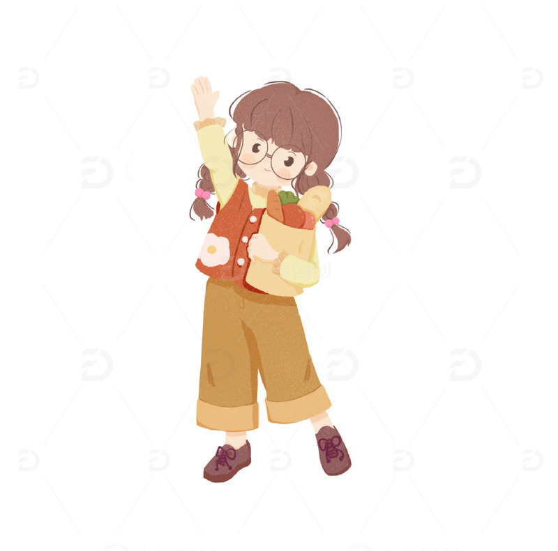 黄色活泼购物女孩手绘图