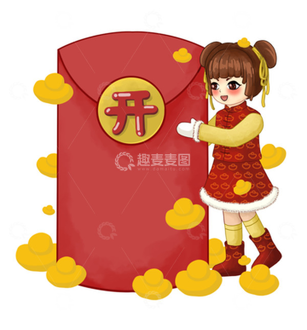 源文件下载【趣麦麦图】春节抢红包女孩手绘新年过节