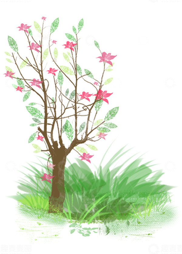 源文件下载【趣麦麦图】绿色小清新手绘草丛大树花朵