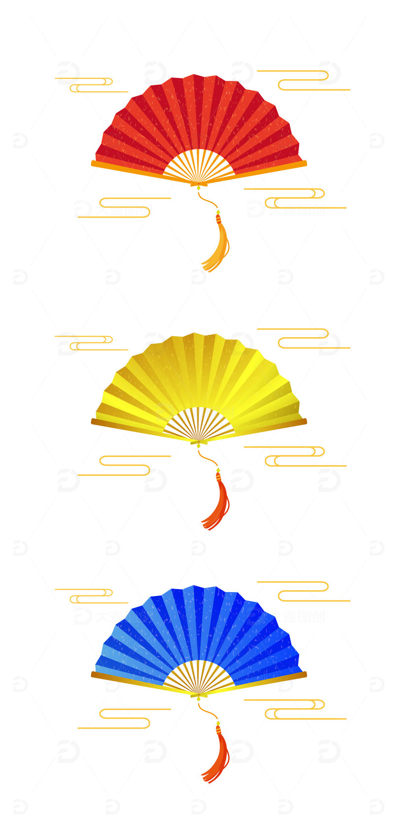 源文件下载【趣麦麦图】中国风扇子国潮金红克莱因蓝春节祥云喜庆