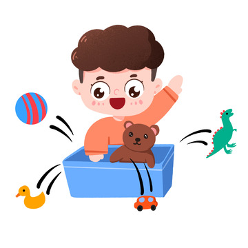 卡通手绘男孩在玩具箱里找玩具免抠元素