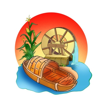手绘水车小船玉米流水图