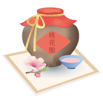 红色春节桃花酿手绘元素