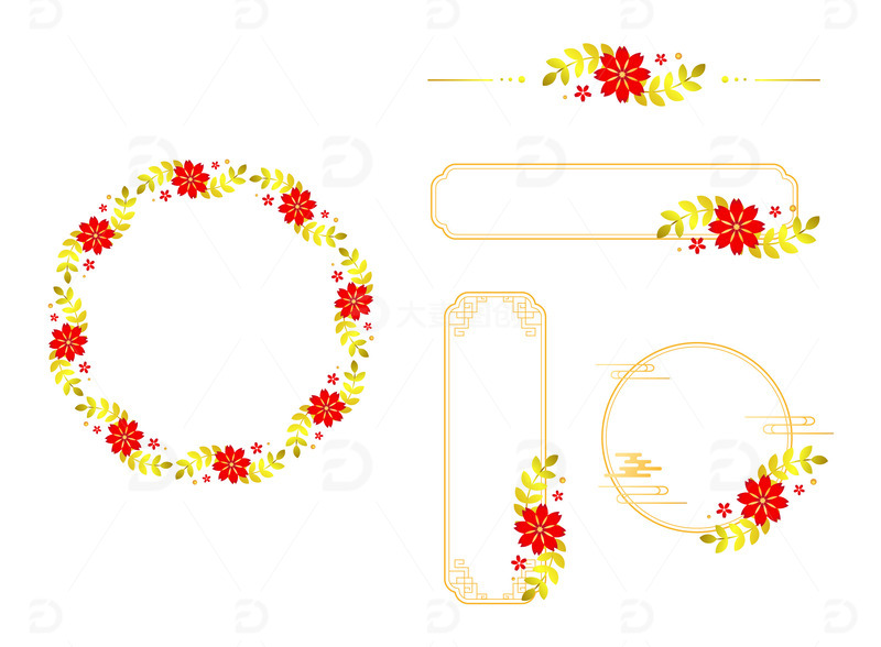 源文件下载【趣麦麦图】-新年喜庆红梅花环金红边框装饰中国风国潮