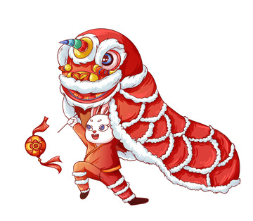 红色扁平肌理兔年新年兔子舞狮绣球