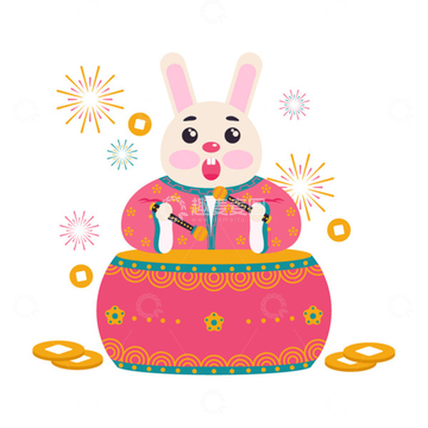 源文件下载【趣麦麦图】兔年兔子敲鼓扁平元素