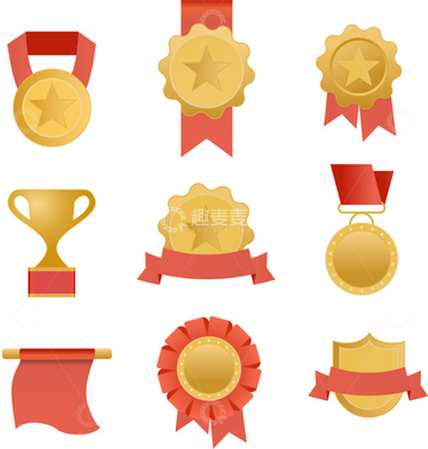 源文件下载【趣麦麦图】红色黄色奖杯奖章徽章奖牌丝绸飘带