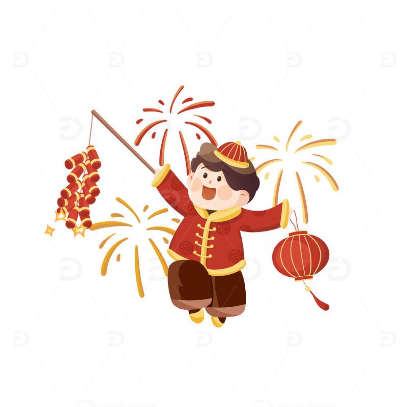红色男孩春节新年放鞭炮灯笼烟花手绘氛围场景