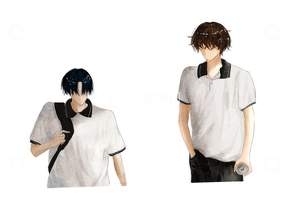 源文件下载【趣麦麦图】白色动漫男高中生校服合影卡通水彩手绘元素