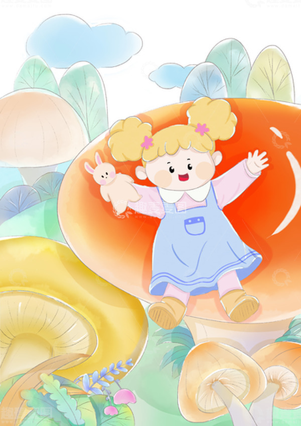 源文件下载【趣麦麦图】-卡通可爱蘑菇花园小女孩玩耍水彩手绘图