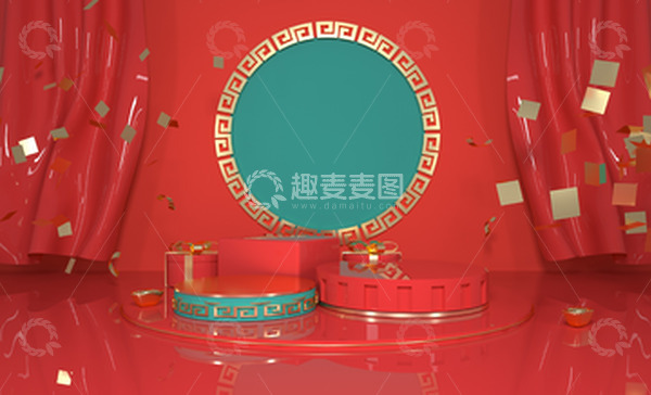 源文件下载【趣麦麦图】红色复古中国风3D年会展台