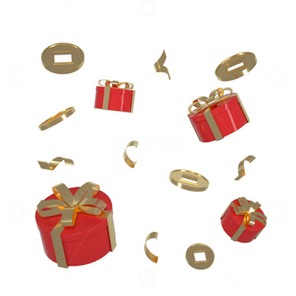 源文件下载【趣麦麦图】红色金属简约电商3D漂浮礼盒金币丝带