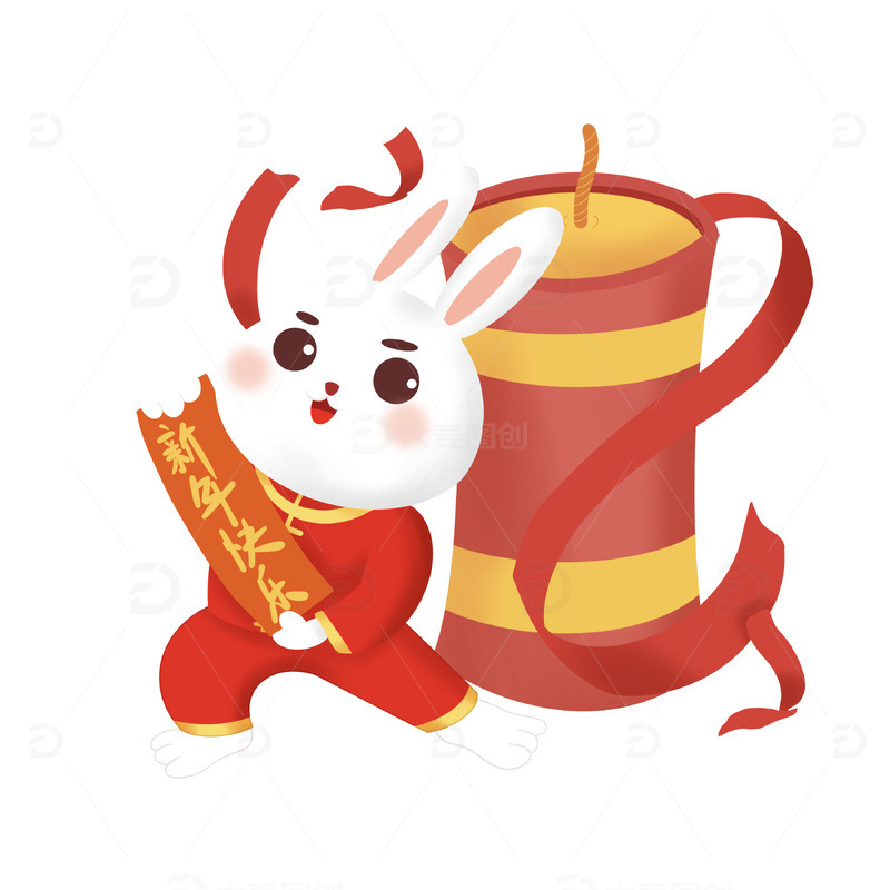 源文件下载【趣麦麦图】红色春节元素新年快乐兔子爆竹手绘元素