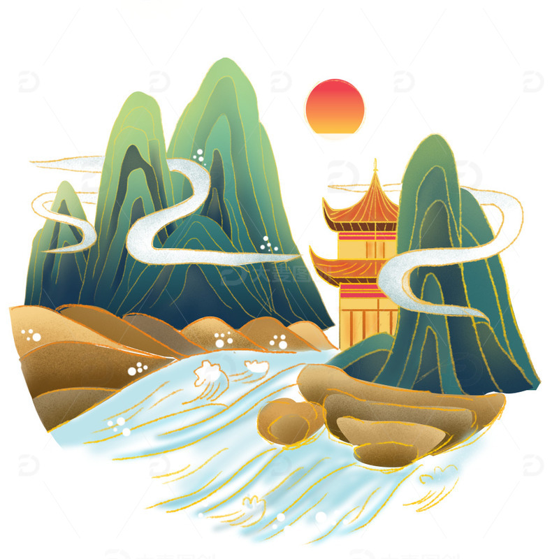 源文件下载【趣麦麦图】手绘国潮元素国风元素山水插画