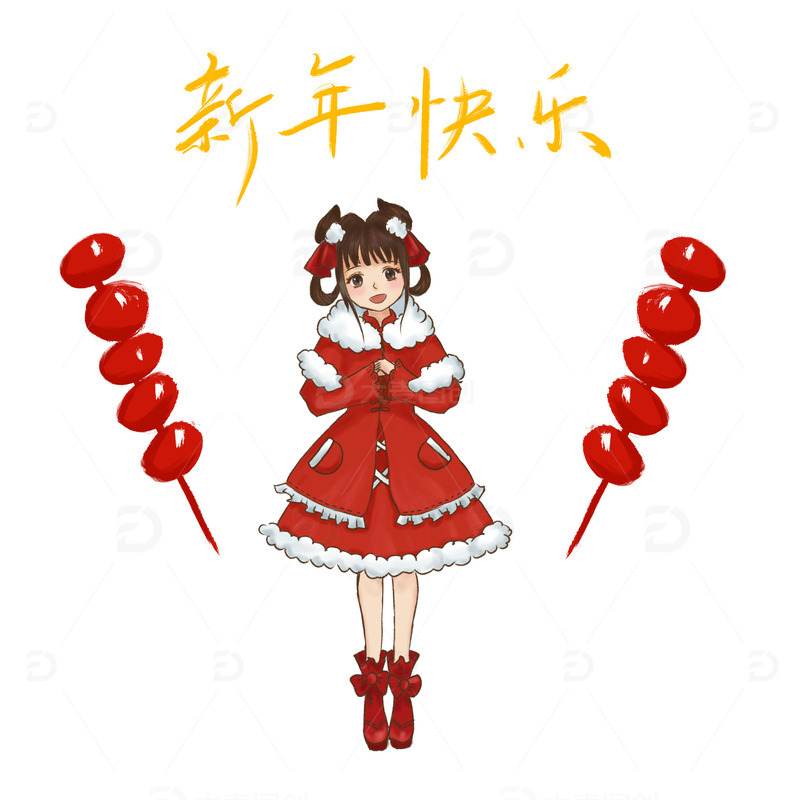 源文件下载【趣麦麦图】红色春节拜年小女孩手绘图