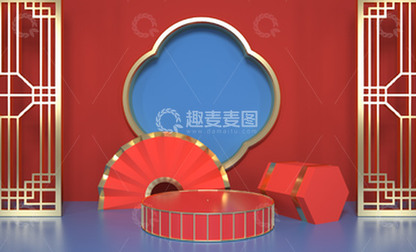 源文件下载【趣麦麦图】红色中式复古中国风C4D年会背景