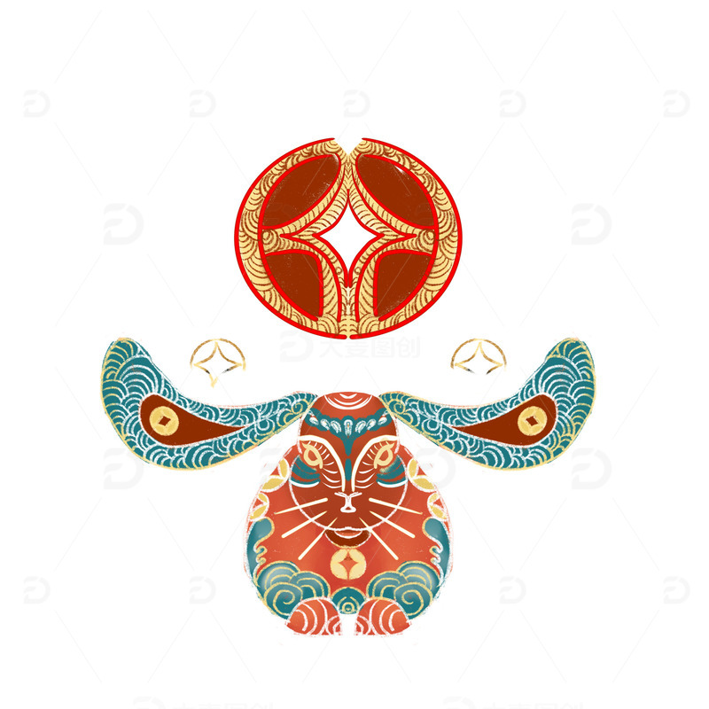 源文件下载【趣麦麦图】-红色黄色青色中国风喜庆传统纹样喜兔手绘图