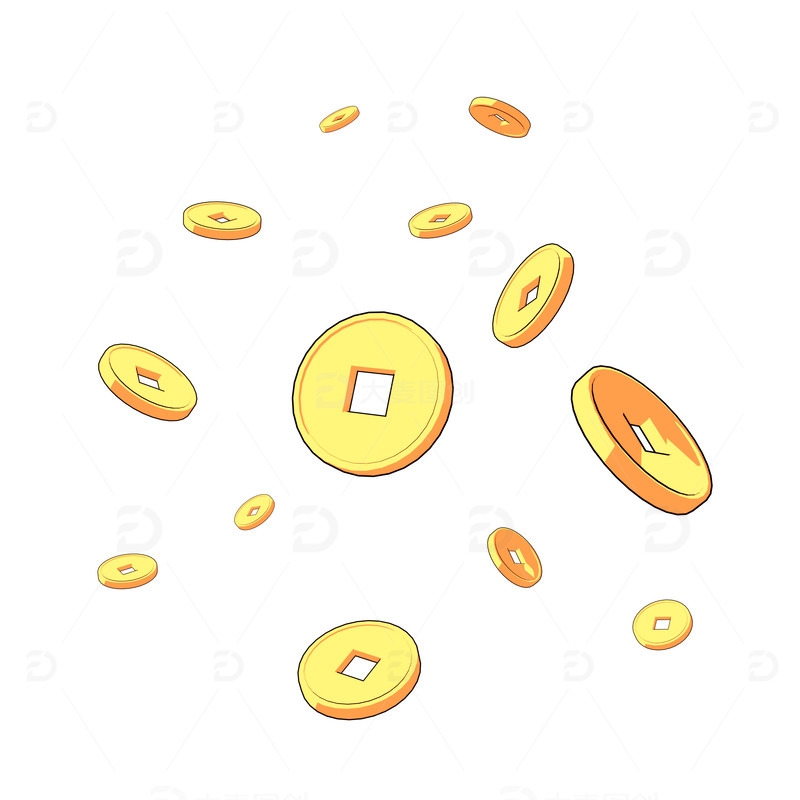 3D质感铜钱漂浮元素