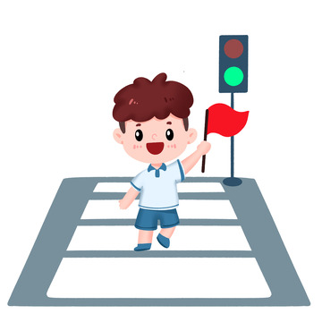 手绘男孩拿着小红旗过马路免抠元素