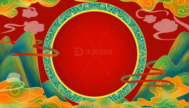 国潮古风插画年会春节活动背景