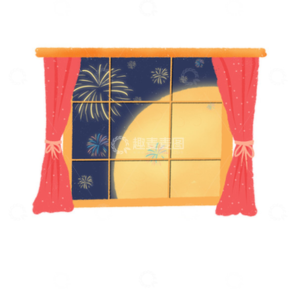源文件下载【趣麦麦图】手绘窗景月圆烟花烟火节庆氛围室内红色窗帘
