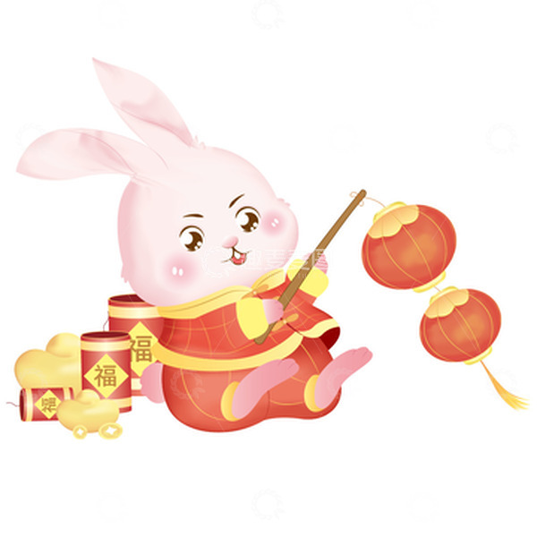 源文件下载【趣麦麦图】红色小兔子高举灯笼春节手绘图