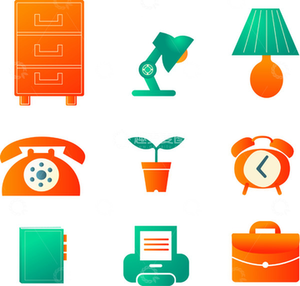 源文件下载【趣麦麦图】橙色绿色小物件柜子台灯电话闹钟打印机等