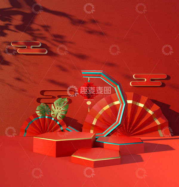 源文件下载【趣麦麦图】红色春节C4D展台背景