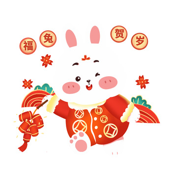 可爱福兔迎新春放鞭炮插画素材