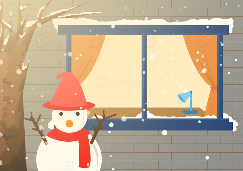冬天下雪雪人窗台雪花