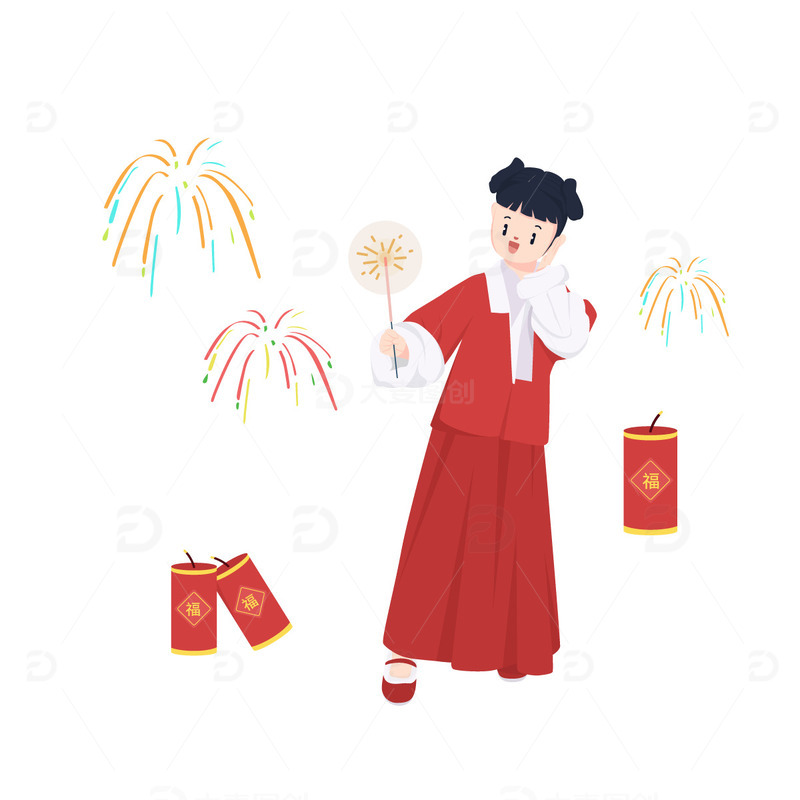 红色清新矢量春节儿童烟花素材
