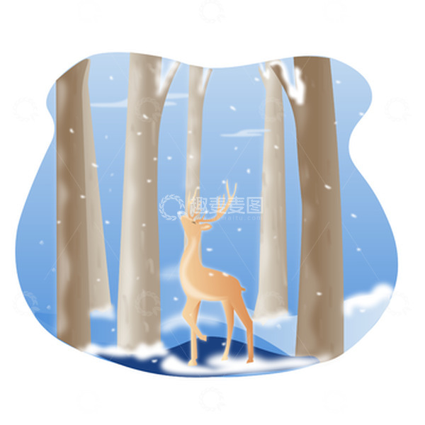 源文件下载【趣麦麦图】-蓝色清新冬天大雪圣诞精品森林麋鹿插画元素