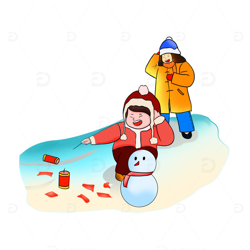 春节放鞭炮的小孩场景插画元素