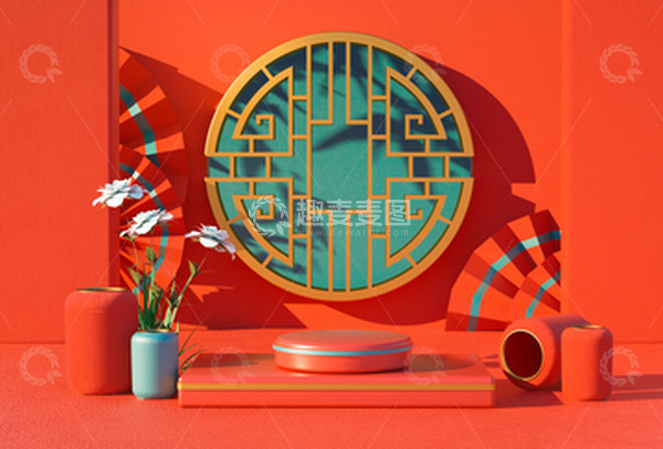 源文件下载【趣麦麦图】春节新年C4D电商展台海报背景