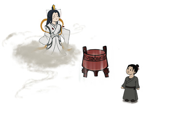 灰白红Q版神仙腾云驾雾赐鼎手绘图