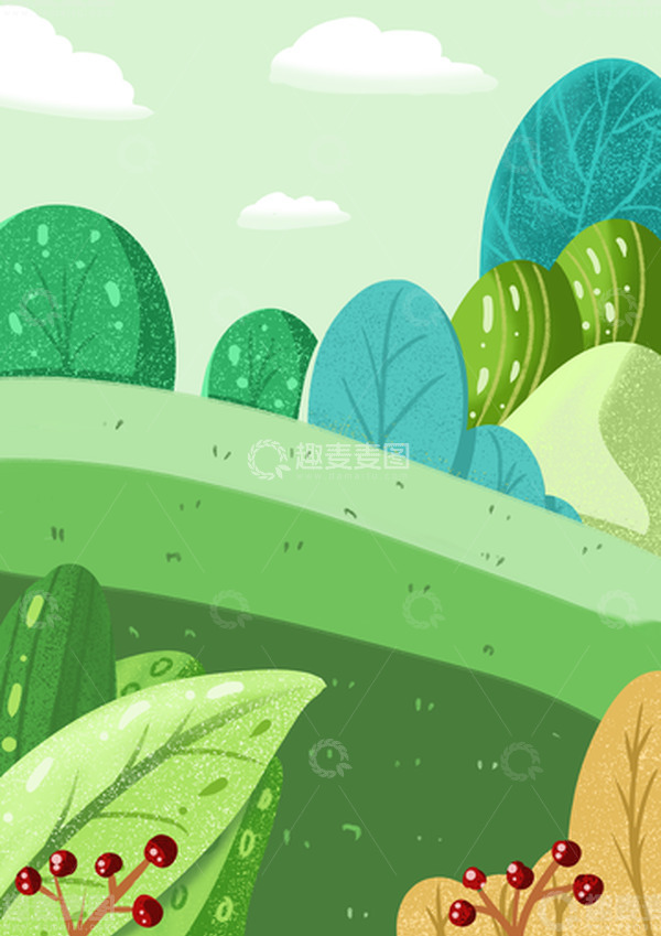 源文件下载【趣麦麦图】绿色卡通手绘小清新插画背景