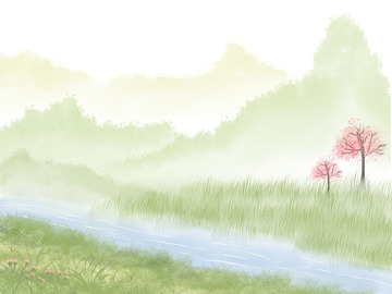 春日水墨风田园古风远山桃花树溪流原野河流