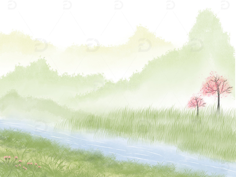 源文件下载【趣麦麦图】春日水墨风田园古风远山桃花树溪流原野河流