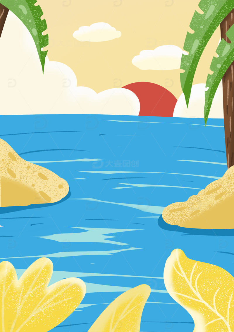 蓝色夏天大海插画手绘背景