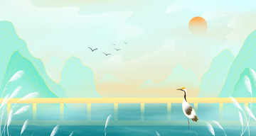 青绿色古风山水场景插画