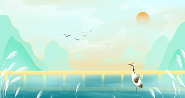 源文件下载【趣麦麦图】青绿色古风山水场景插画