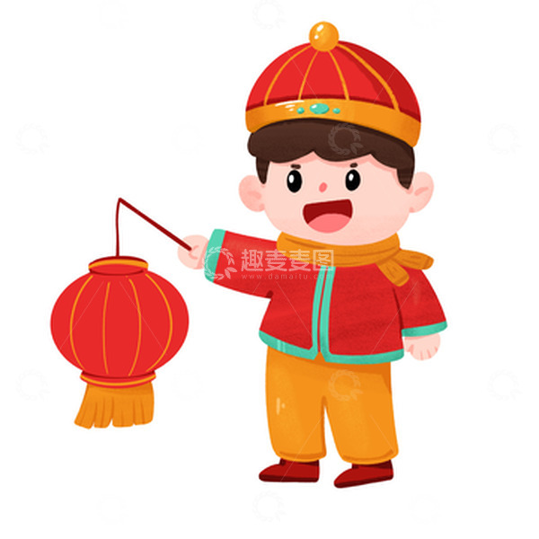 源文件下载【趣麦麦图】新年春节提灯笼过年拜年男孩手绘图