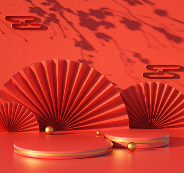 春节红色C4D电商展台海报背景