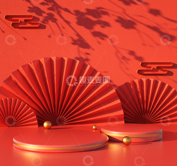 源文件下载【趣麦麦图】-春节红色C4D电商展台海报背景