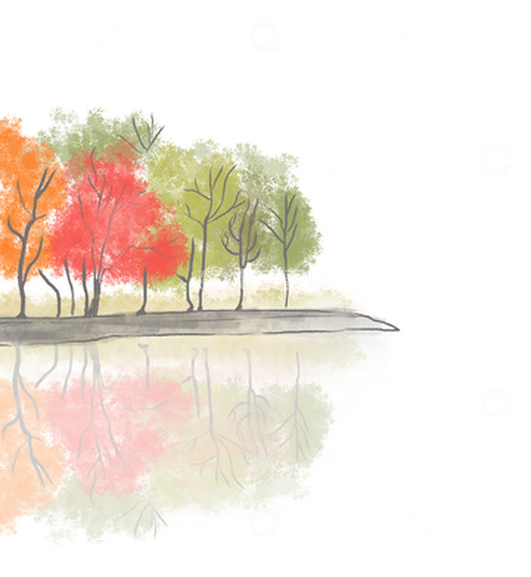源文件下载【趣麦麦图】水墨古风淡彩晚秋树木植物湖边湖畔