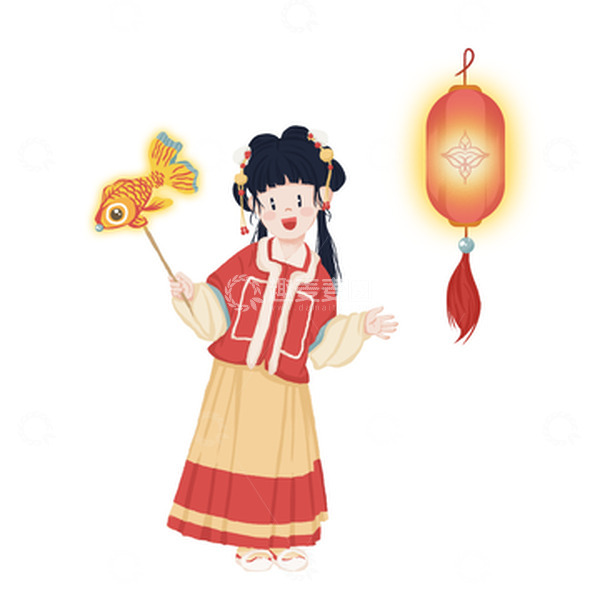 源文件下载【趣麦麦图】红色清新国风汉服春节小女孩插画